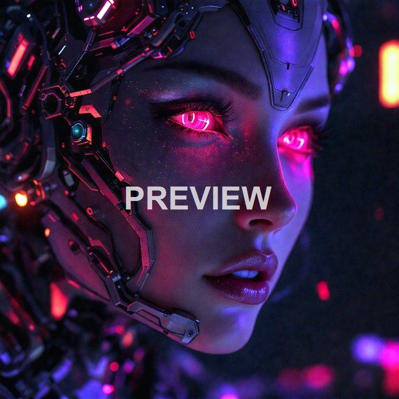 A close-up of a futuristic female cyborg with glowing pink eyes, metallic implants on her face, and a high-tech headpiece, set against a dark background with neon lighting.